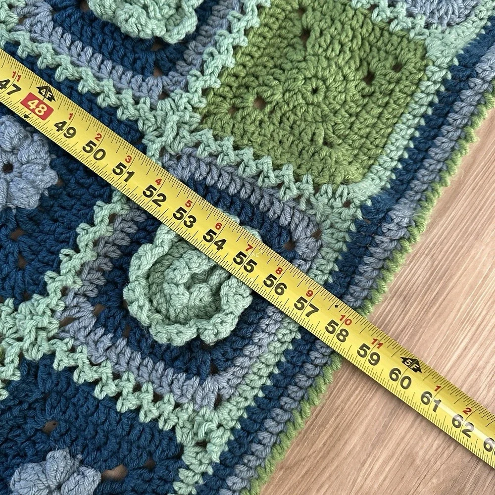 Vintage Granny Square Crochet 3D Rose Afghan 58 x 44 Green Blue Throw‎ Cottage